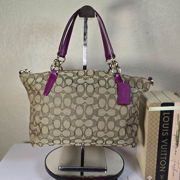 Coach Monogram Purple Leather & Tan Canvas "Kelsey" Satchel Hand/Shoulder bag